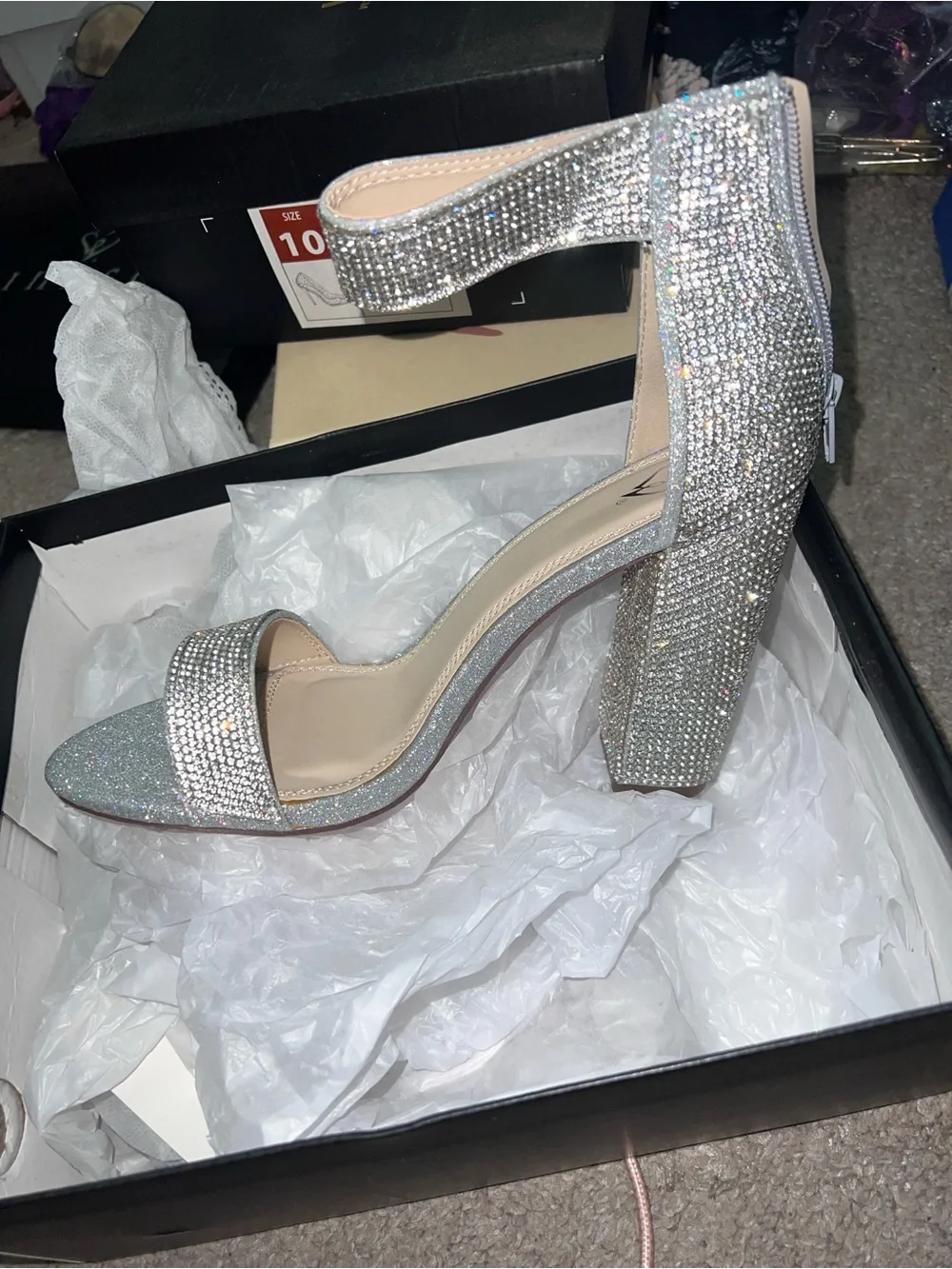 Windsor silver Embellished Silver Block Heel Sandals with Ankle Strap